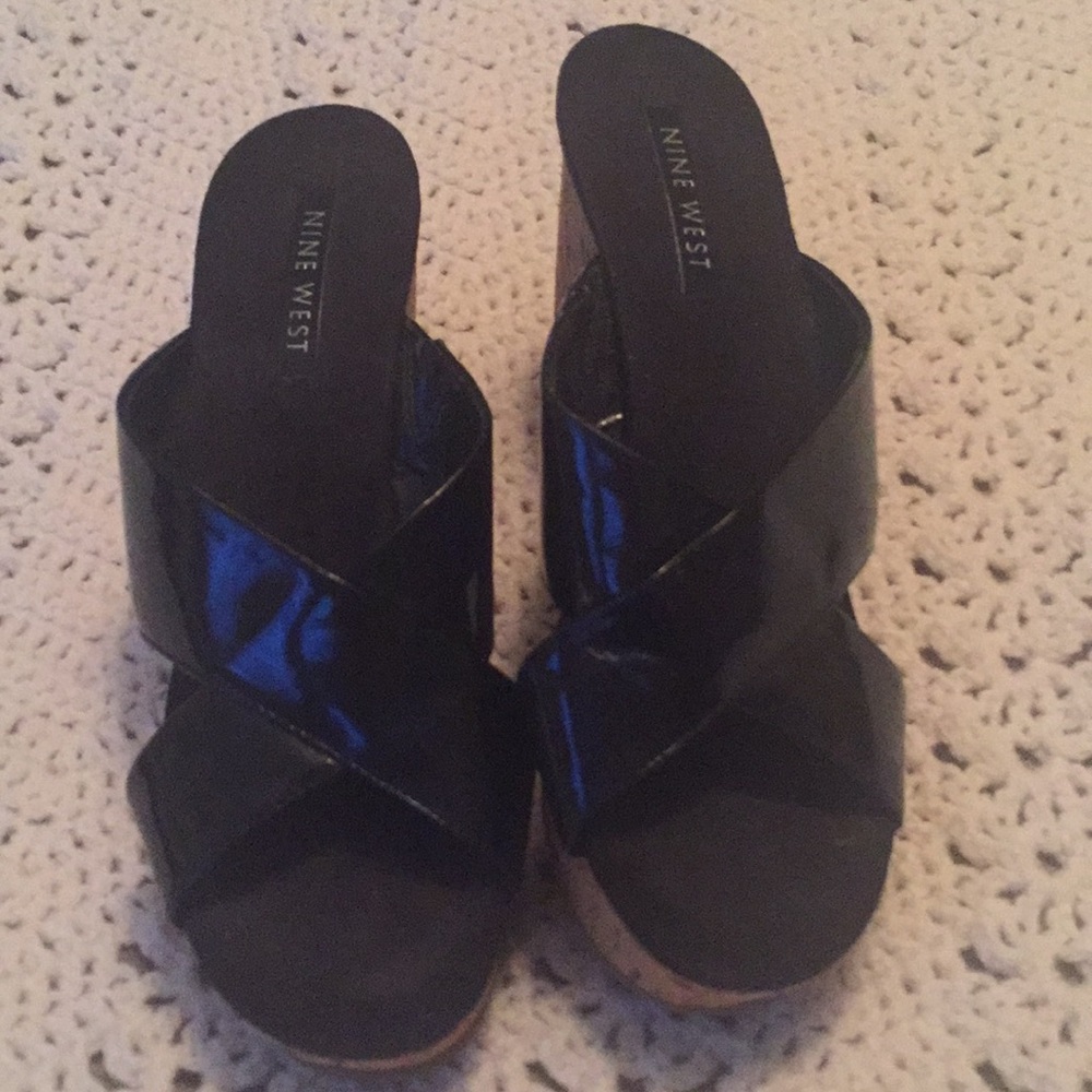 Black patent leather cork wedges